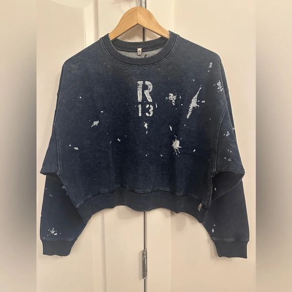NWT R13 Cropped Distressed Crewneck Sweatshirt in Indigo Blue Paint | size S - Picture 5 of 12